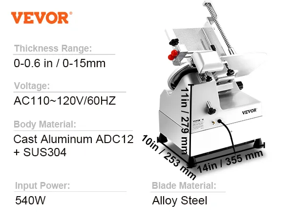 Cortadora de carne automática VEVOR en cocina moderna, tamaños de corte precisos con verduras y carne en el mostrador.