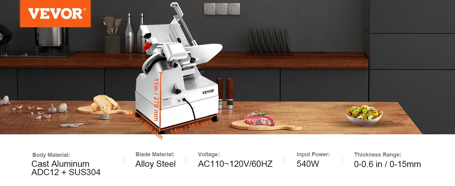 Cortadora de carne automática VEVOR en cocina moderna, tamaños de corte precisos con verduras y carne en el mostrador.