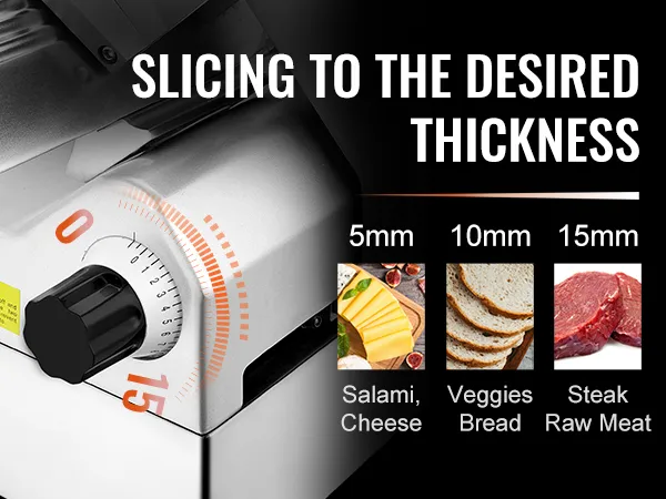 Cortadora de carne automática VEVOR que ofrece grosor ajustable para salami, queso, verduras, pan y carne cruda.