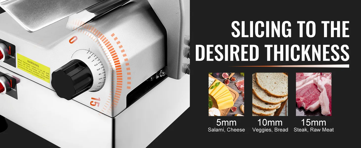 Cortadora de carne automática VEVOR que ofrece grosor ajustable para salami, queso, verduras, pan y carne cruda.