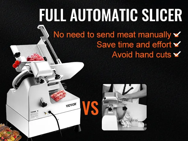 Cortadora de carne automática VEVOR versus semiautomática, destacando beneficios como el ahorro de tiempo y la seguridad.