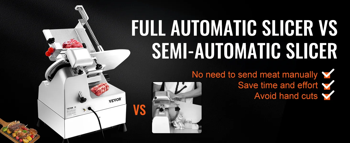 Cortadora de carne automática VEVOR versus semiautomática, destacando beneficios como el ahorro de tiempo y la seguridad.