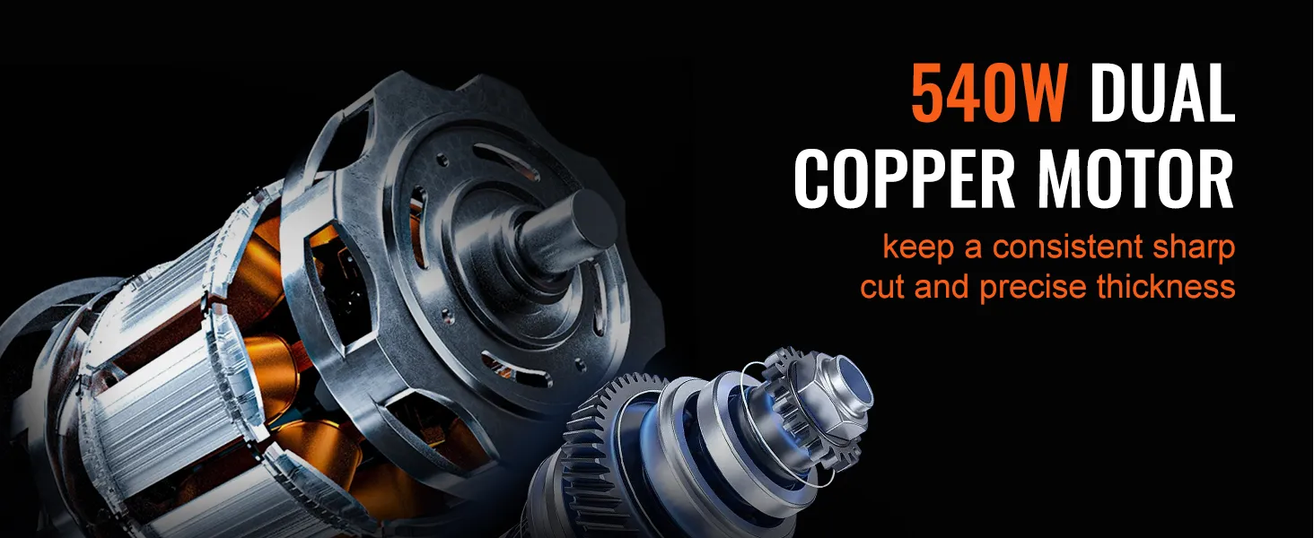 Motor de cobre doble de 540 W para la cortadora de carne automática VEVOR, que garantiza cortes nítidos y un grosor preciso.