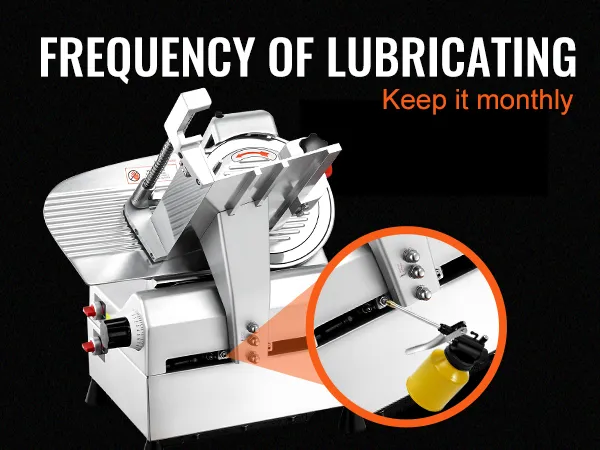 Consejo de mantenimiento de la cortadora de carne automática VEVOR: lubricar mensualmente para un rendimiento óptimo.