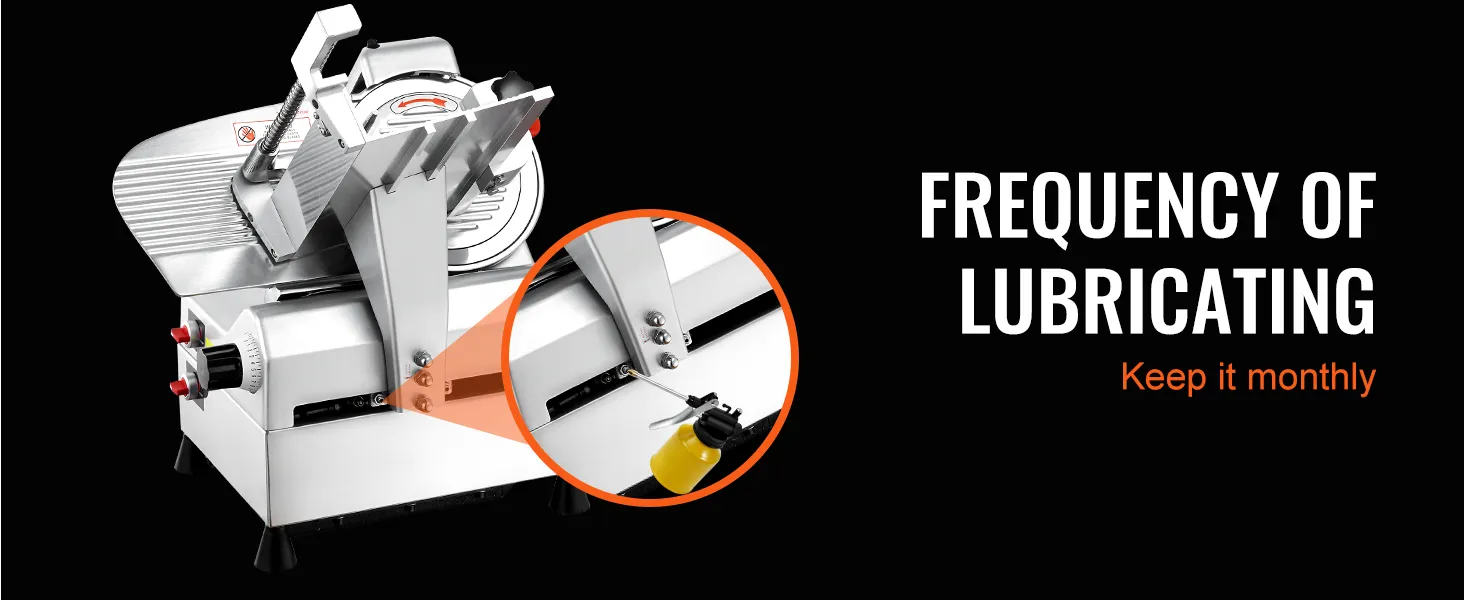 Consejo de mantenimiento de la cortadora de carne automática VEVOR: lubricar mensualmente para un rendimiento óptimo.