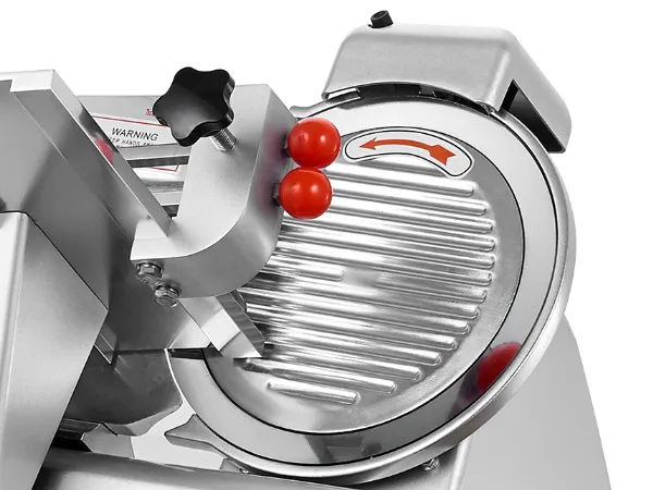 Cortadora de carne automática VEVOR con cuchilla de acero inoxidable y diales de control rojos.