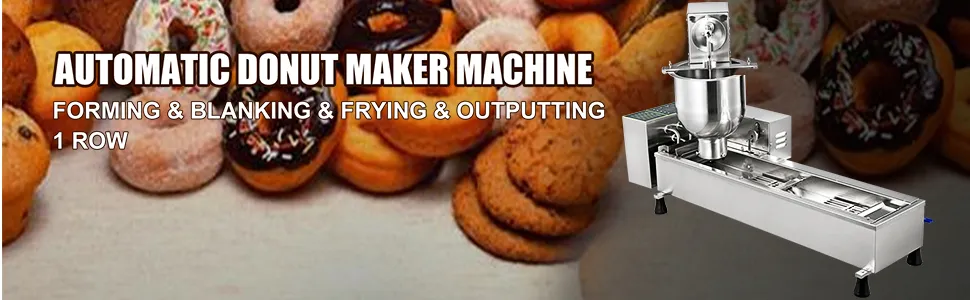 Máquina para hacer donas VEVOR con donas al fondo