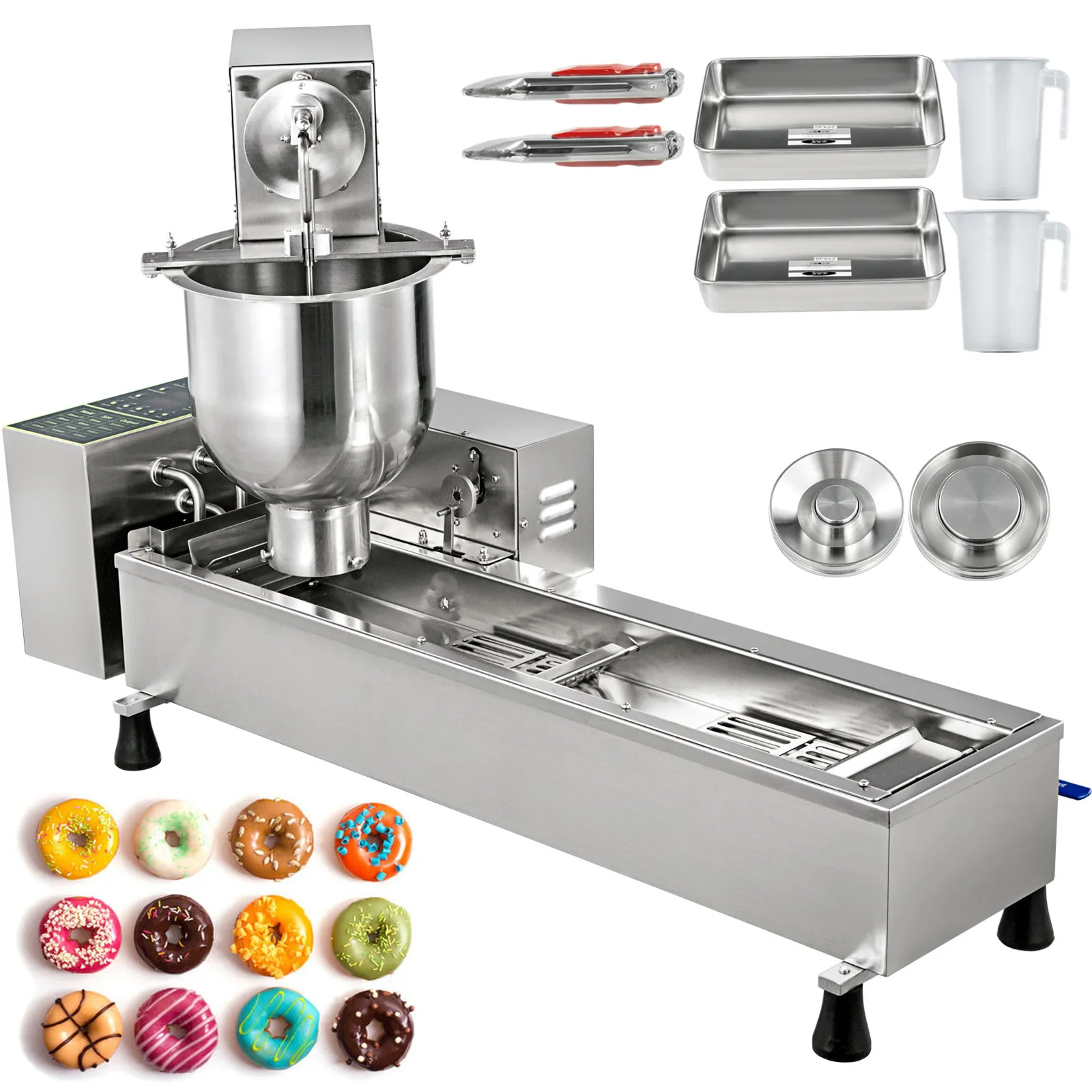 Máquina para hacer donas VEVOR con tazón para mezclar, bandejas, tazas medidoras y donas de colores.
