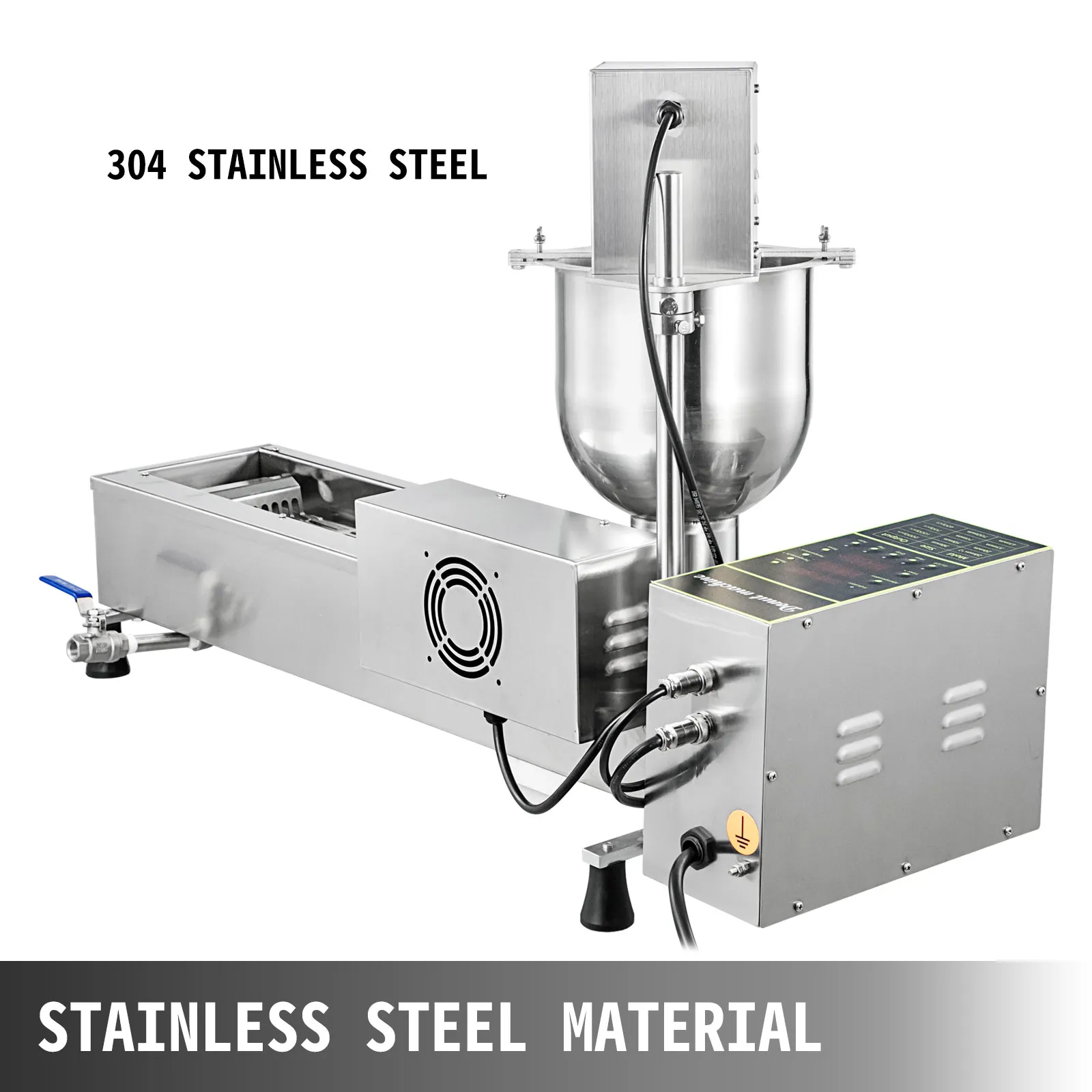 Máquina para hacer donas VEVOR con acero inoxidable 304, que muestra una construcción duradera.