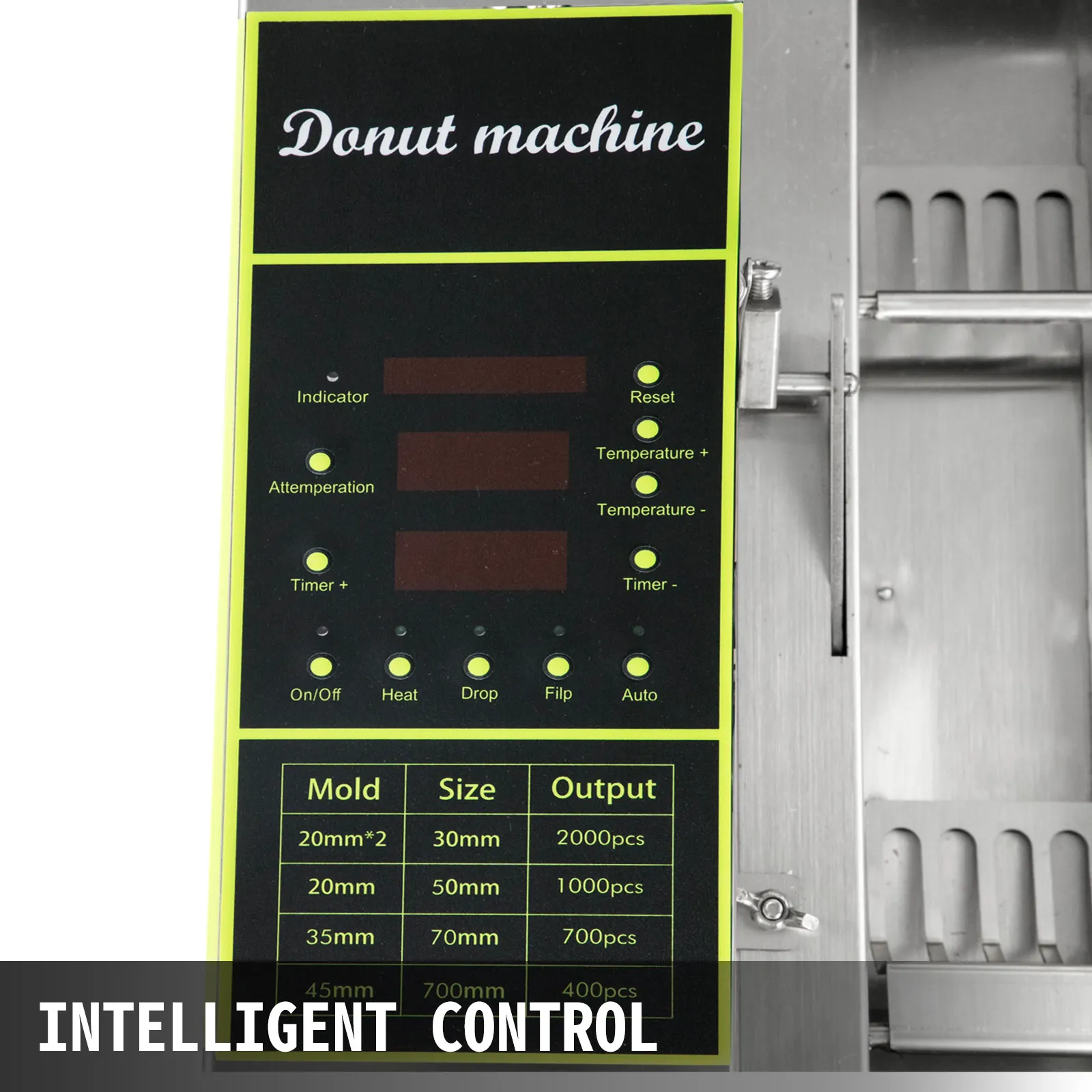 Panel de control de la máquina para hacer donuts VEVOR con varias configuraciones y opciones de salida.