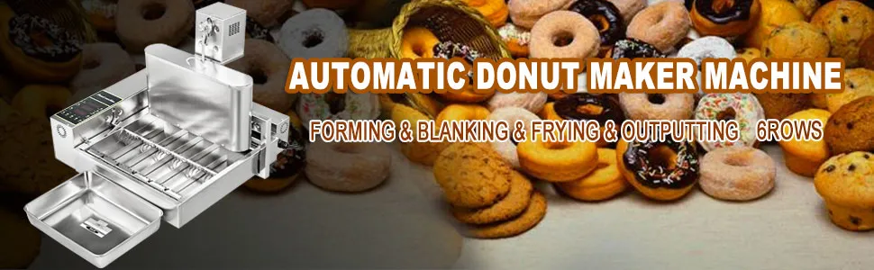 VEVOR donut making machine with donuts in the background showcasing various types.