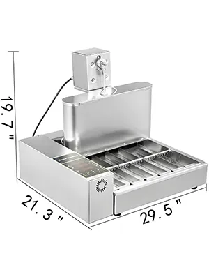 VEVOR donut making machine with dimensions 19.7"x21.3"x29.5", stainless steel design.