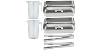 VEVOR donut making machine accessories including trays, pitchers, and tongs.