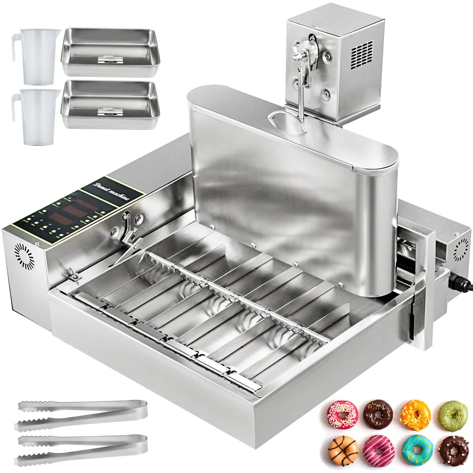 VEVOR donut making machine with trays, pitchers, tongs, and assorted donuts.