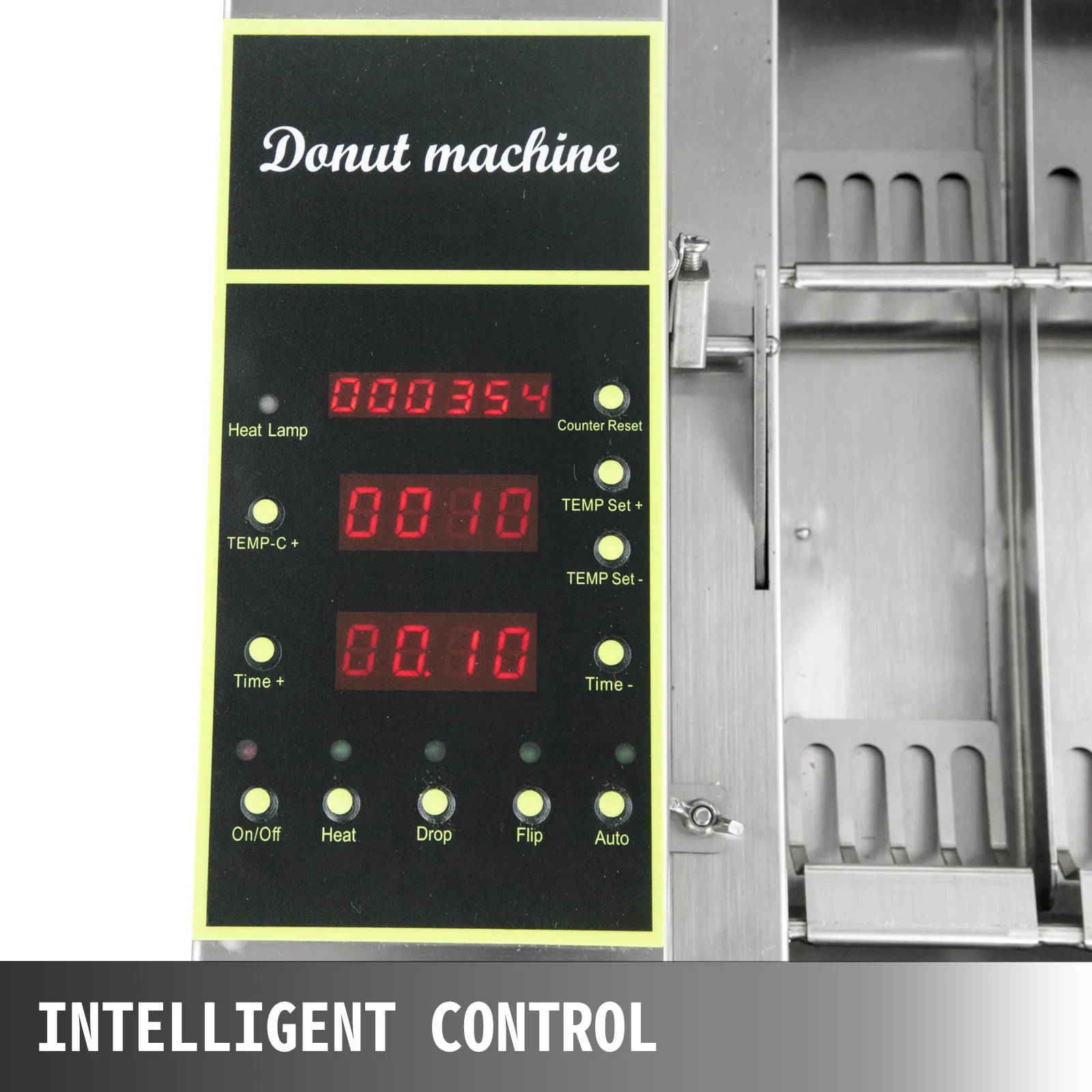 VEVOR donut making machine control panel showing temperature and time settings.