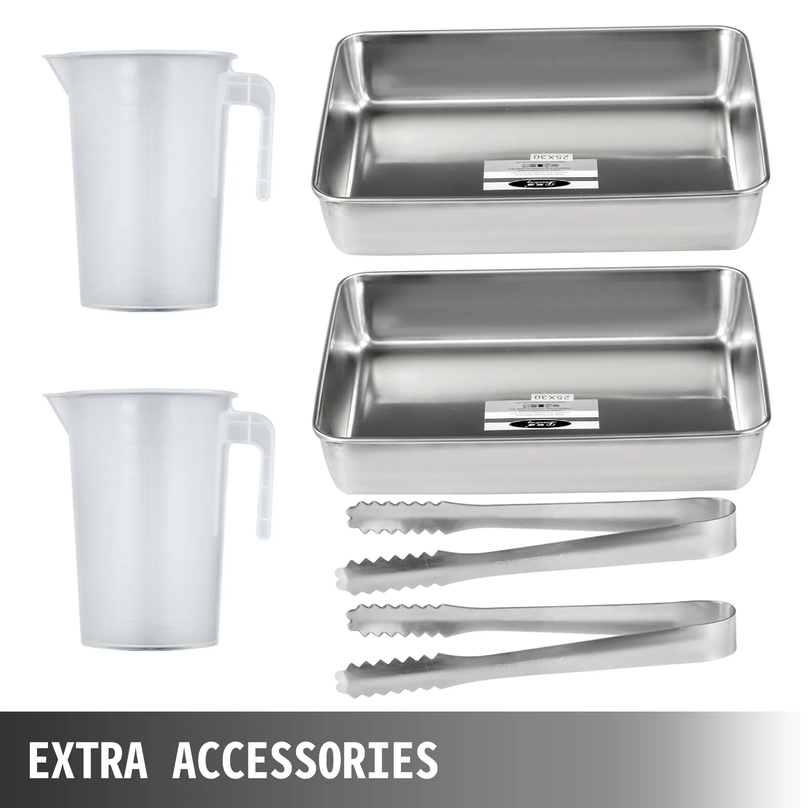 extra accessories for VEVOR donut making machine include tongs, trays, and measuring jugs.