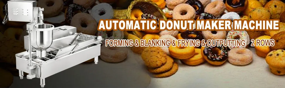 Máquina para hacer donas VEVOR con operaciones automáticas, rodeada de varias donas.