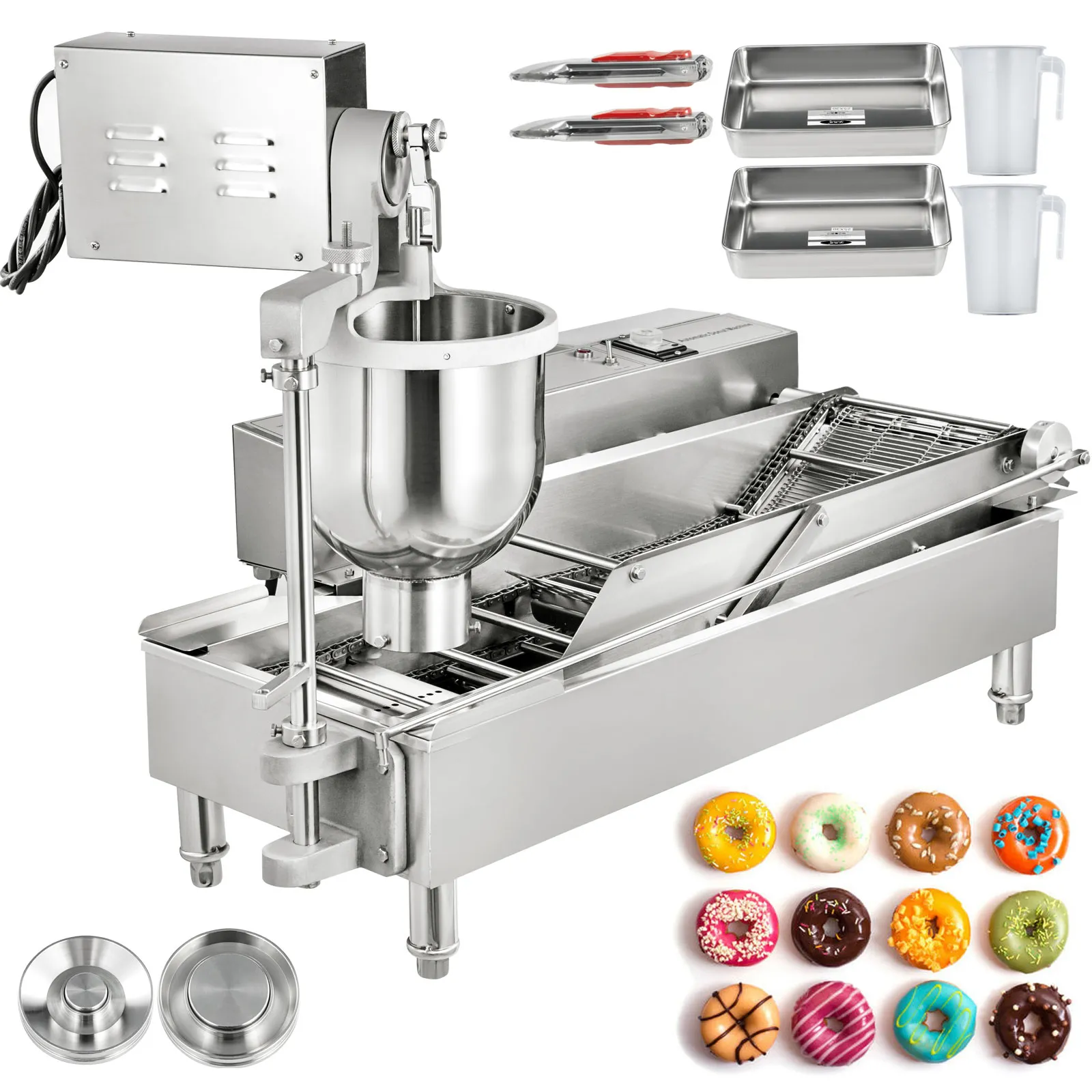 Máquina para hacer donuts VEVOR con accesorios y varios donuts decorados.