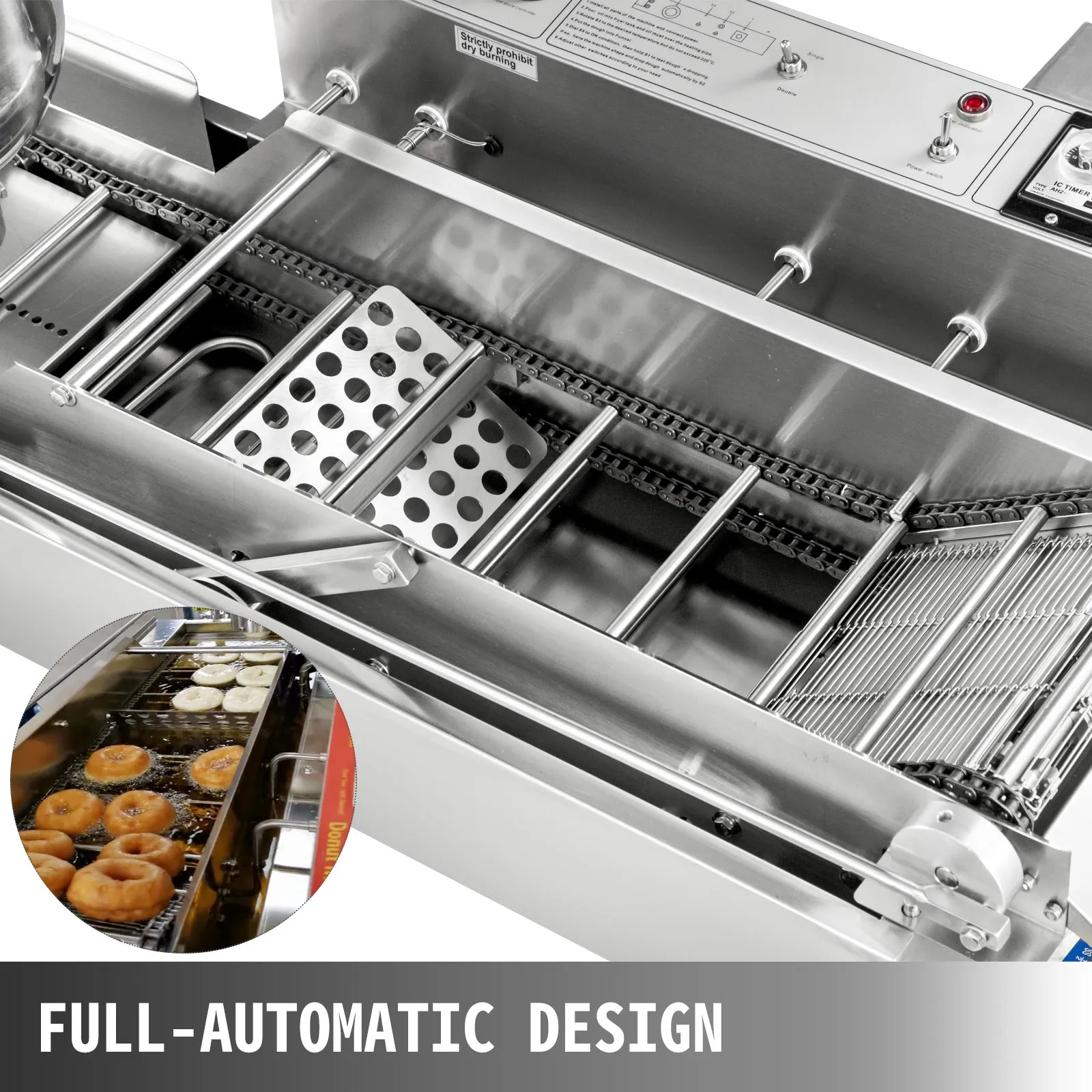 Máquina para hacer donas VEVOR con diseño totalmente automático y sistema para freír donas.
