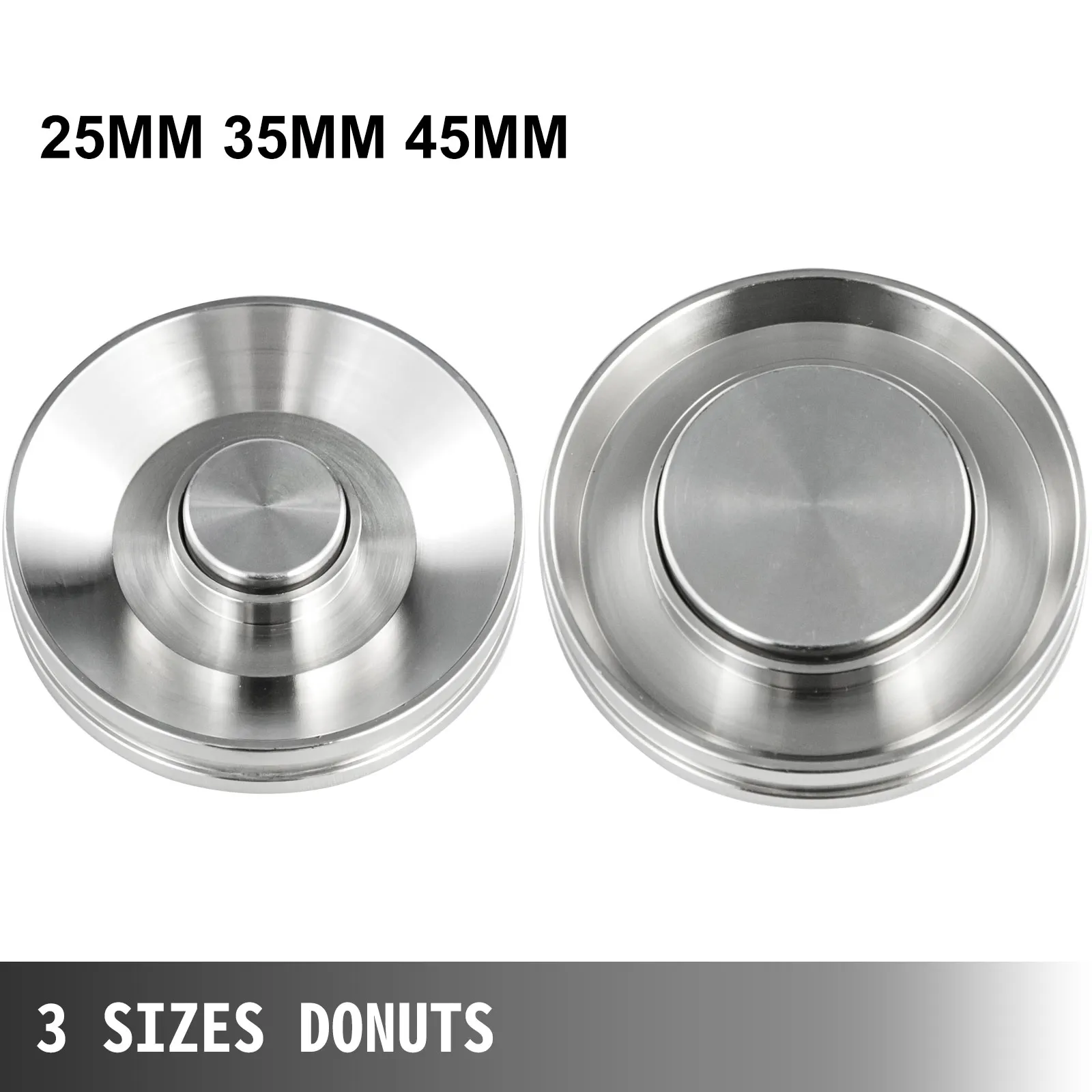 Máquina para hacer donas VEVOR que muestra moldes para donas en tamaños de 25 mm, 35 mm y 45 mm.