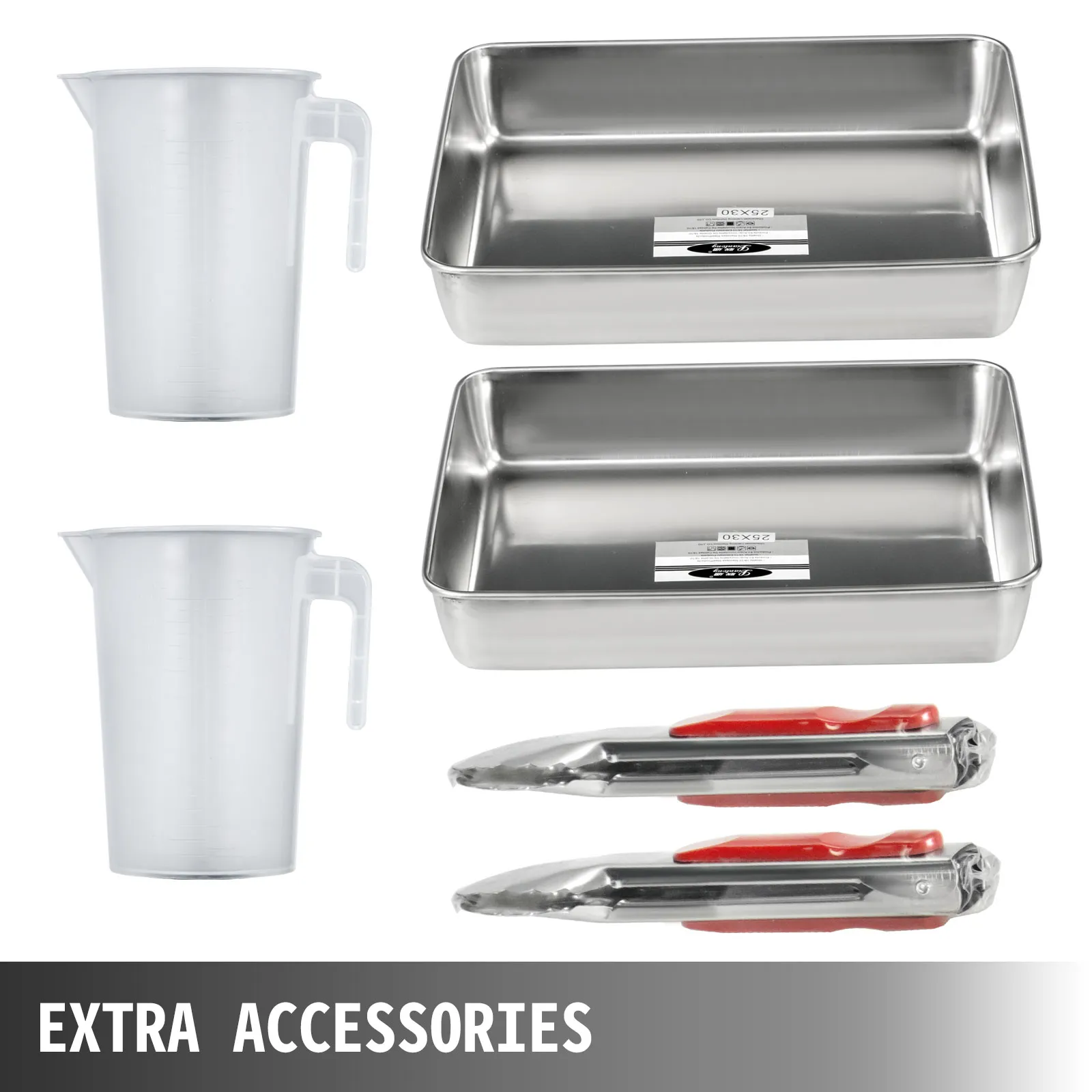 Accesorios para máquina para hacer donuts VEVOR: 2 jarras, 2 bandejas y 2 pinzas.