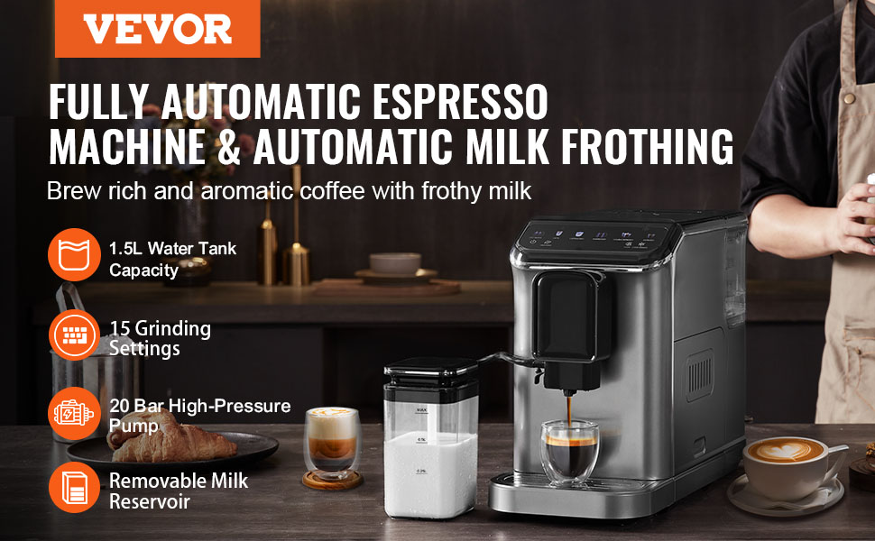 Machine à Expresso Automatique VEVOR Avec Broyeur - 15 Bars, 15 Réglages Mouture, Réservoir 1,5L, Trémie 180g - Bureau - 10