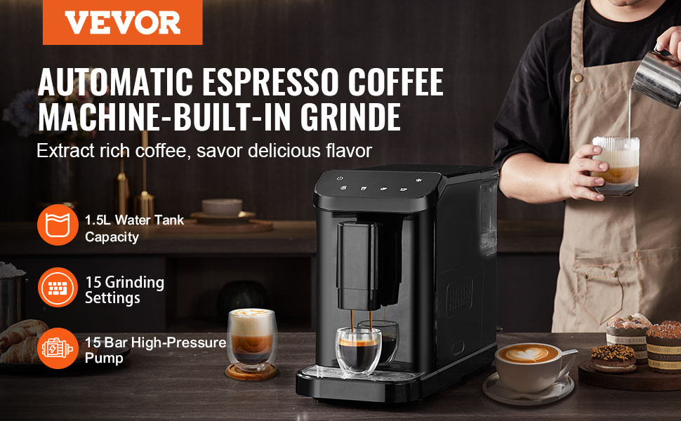 Machine à Expresso Automatique VEVOR Avec Broyeur - 15 Bars, 15 Réglages Mouture, Réservoir 1,5L, Trémie 180g - Bureau - 8