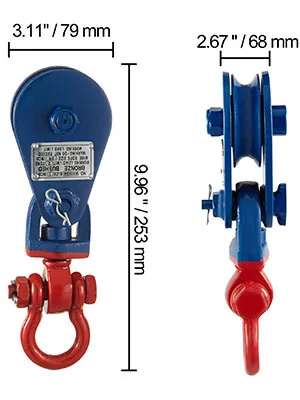 VEVOR 2ton snatch block, dimensions shown with red hook and blue pulley.