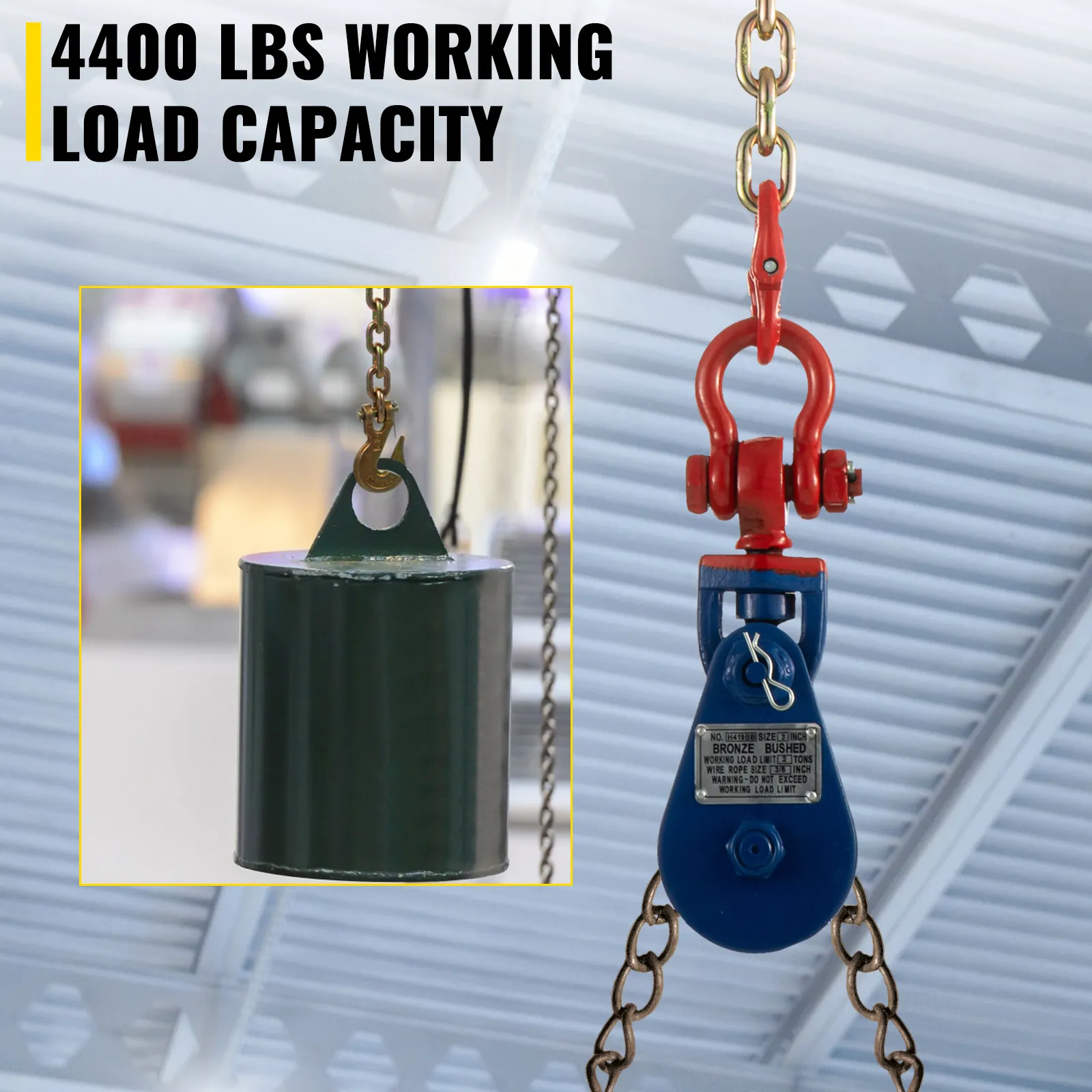 VEVOR 2ton snatch block with 4400 lbs working load capacity hanging on a metal chain.