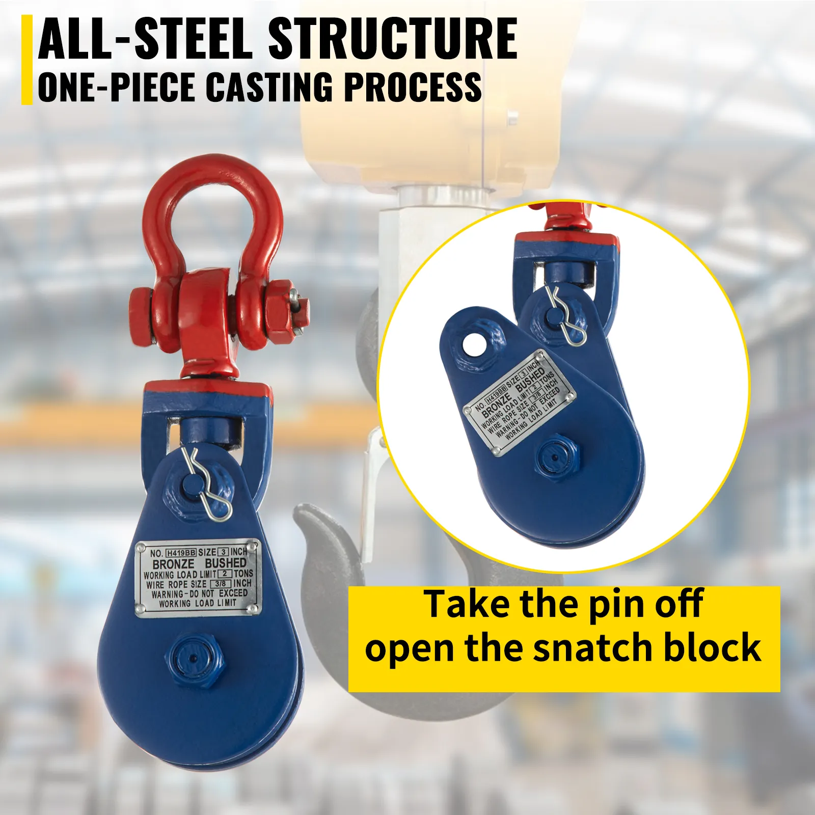 VEVOR 2ton snatch block with all-steel structure and one-piece casting process.