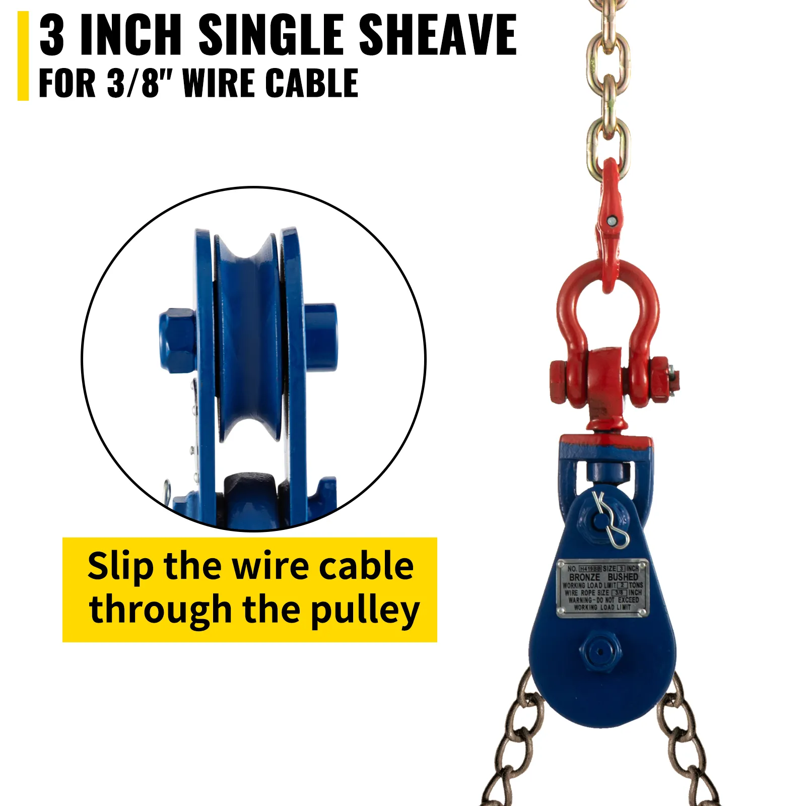 VEVOR 2ton snatch block with 3-inch single sheave for 3/8” wire cable.
