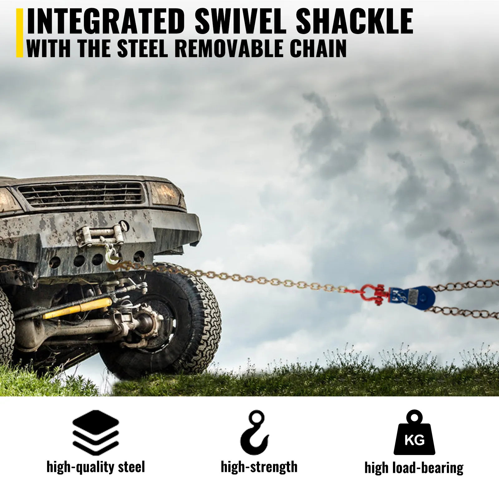 VEVOR 2ton snatch block towing a vehicle with steel removable chain on grassy terrain.
