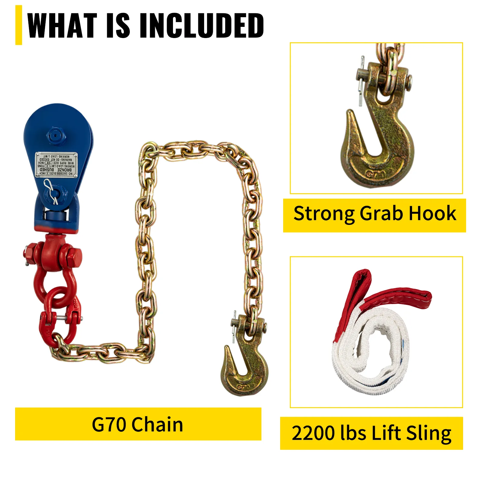 VEVOR 2ton snatch block with g70 chain, strong grab hook, and 2200 lbs lift sling.