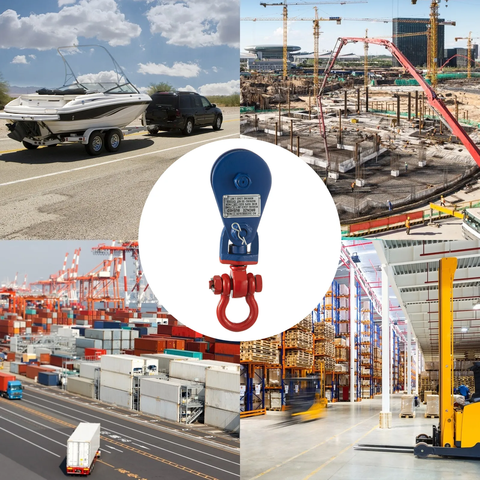 VEVOR 2ton snatch block amid diverse industrial applications such as towing, construction, shipping, and warehousing.