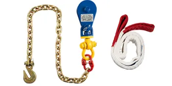 VEVOR snatch block with chain, hook, and white recovery strap with red handles.
