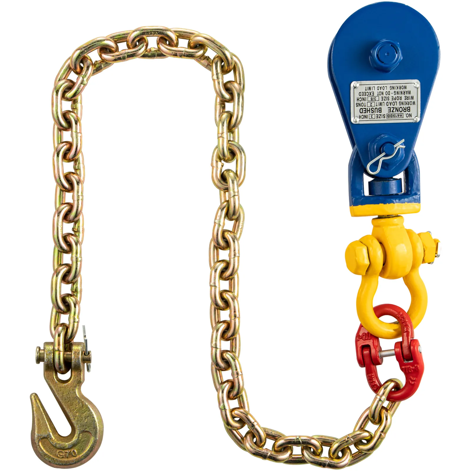 VEVOR snatch block with heavy-duty chain and hook, blue, yellow, and red components.