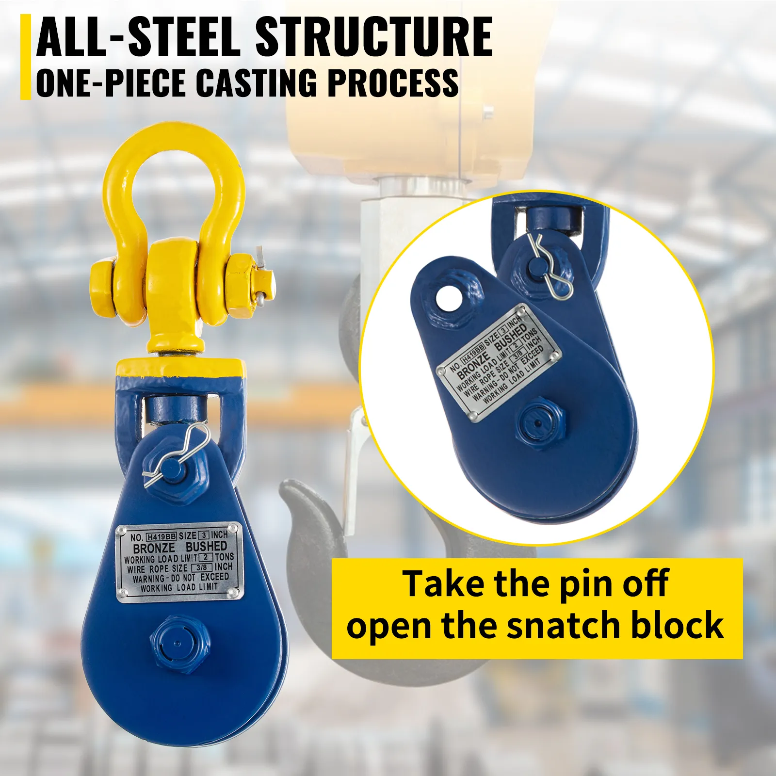 VEVOR snatch block with all-steel structure and one-piece casting process.