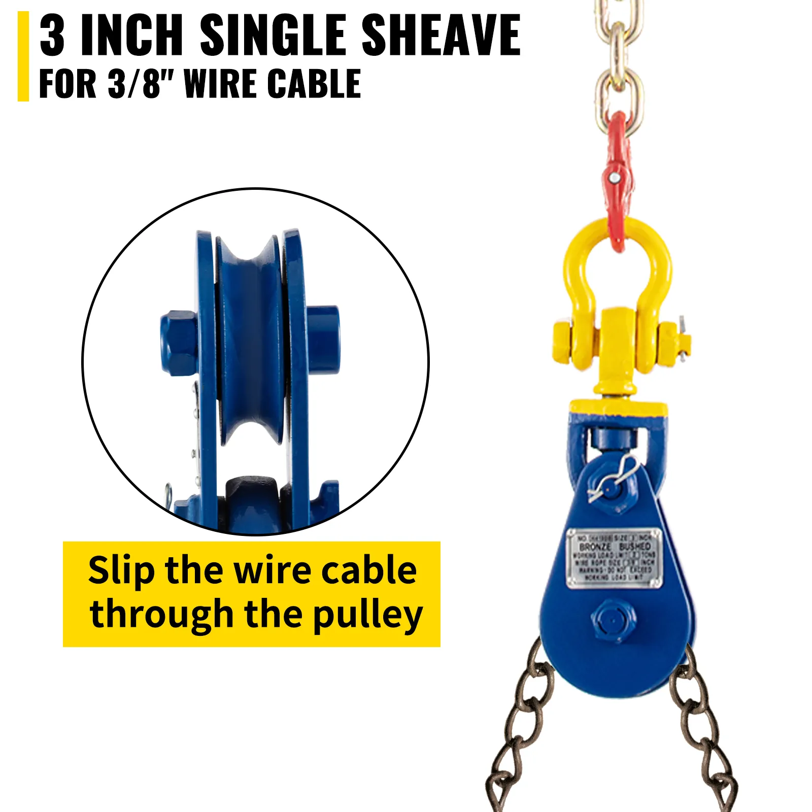 VEVOR snatch block with 3-inch single sheave for 3/8" wire cable, yellow and blue.