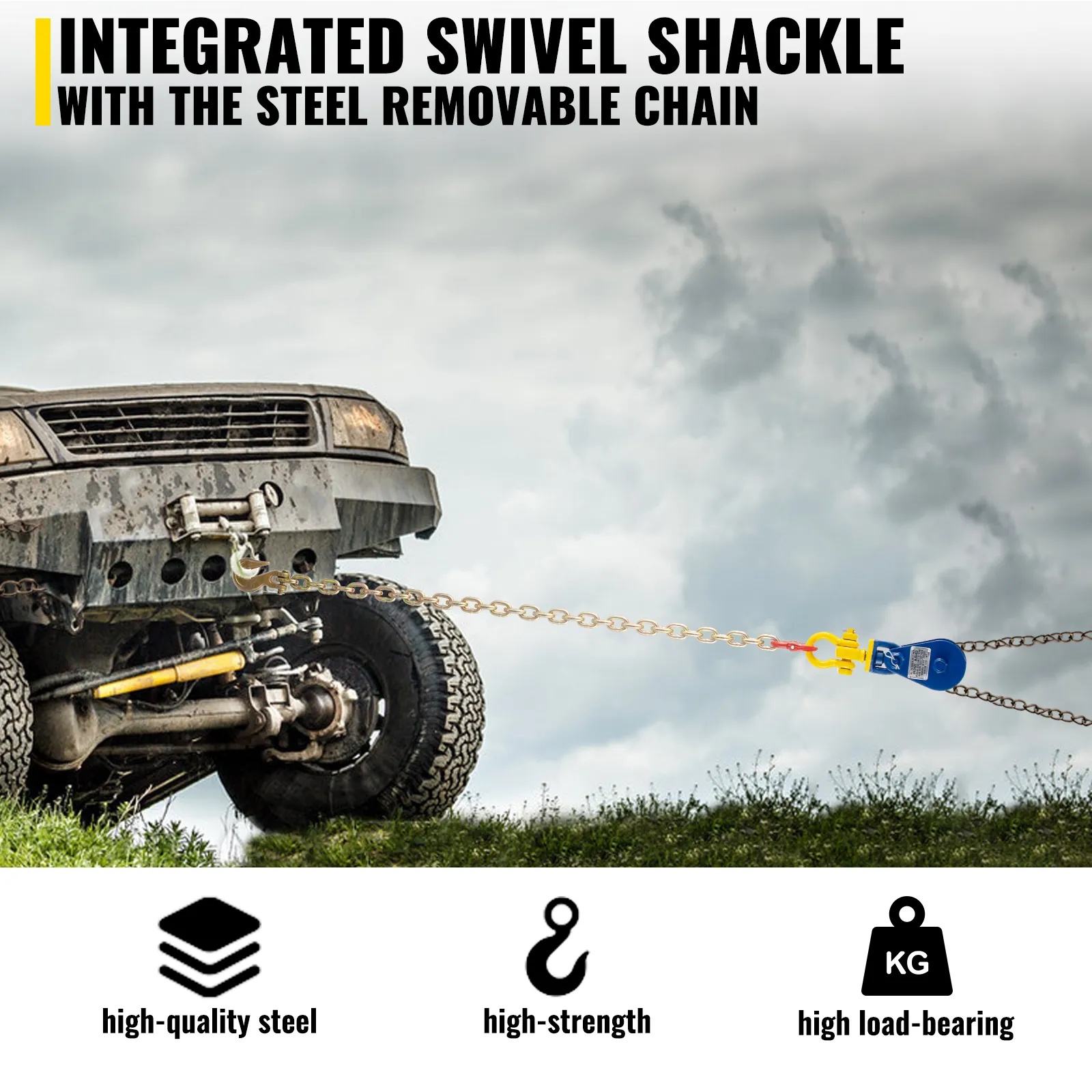 off-road vehicle using VEVOR snatch block with integrated swivel shackle and steel chain