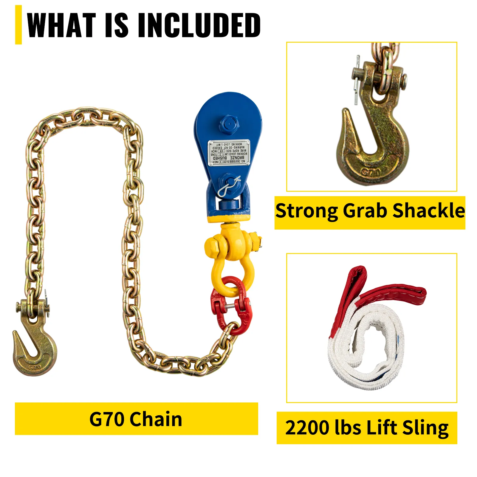 VEVOR snatch block, g70 chain, strong grab shackle, 2200 lbs lift sling.