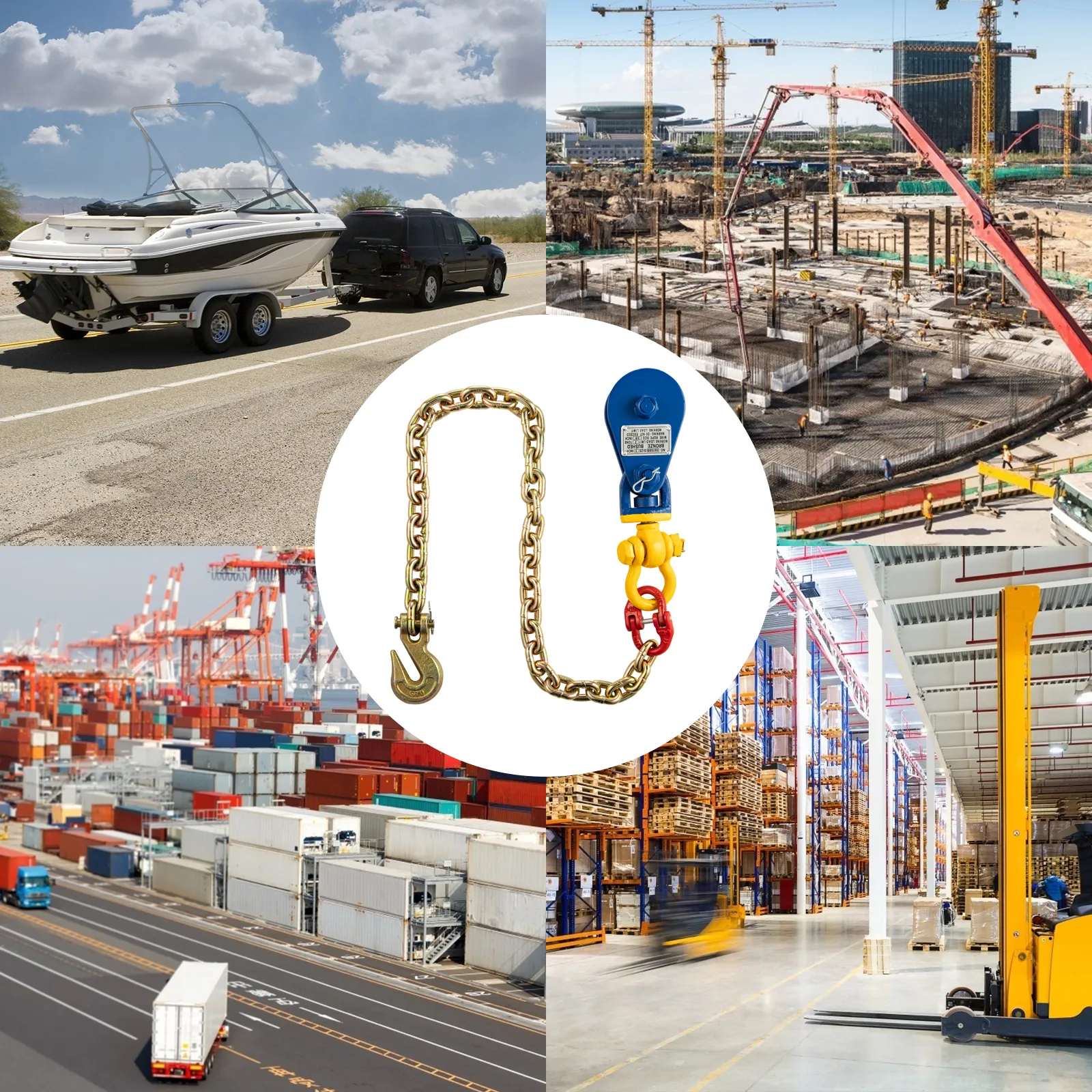 VEVOR snatch block with chain hook shown in towing, construction, shipping, and warehouse.