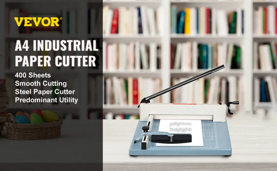 VEVOR industrial paper cutter on desk with bookshelves in background.