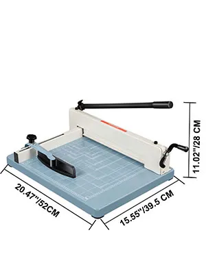 VEVOR industrial paper cutter with measurement lines and dimensions in cm.