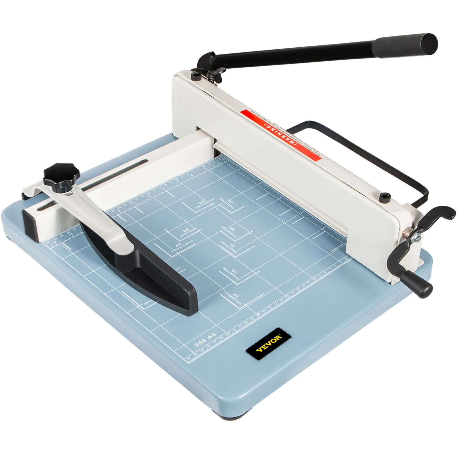 VEVOR industrial paper cutter with blue grid base and adjustable cutting handle.