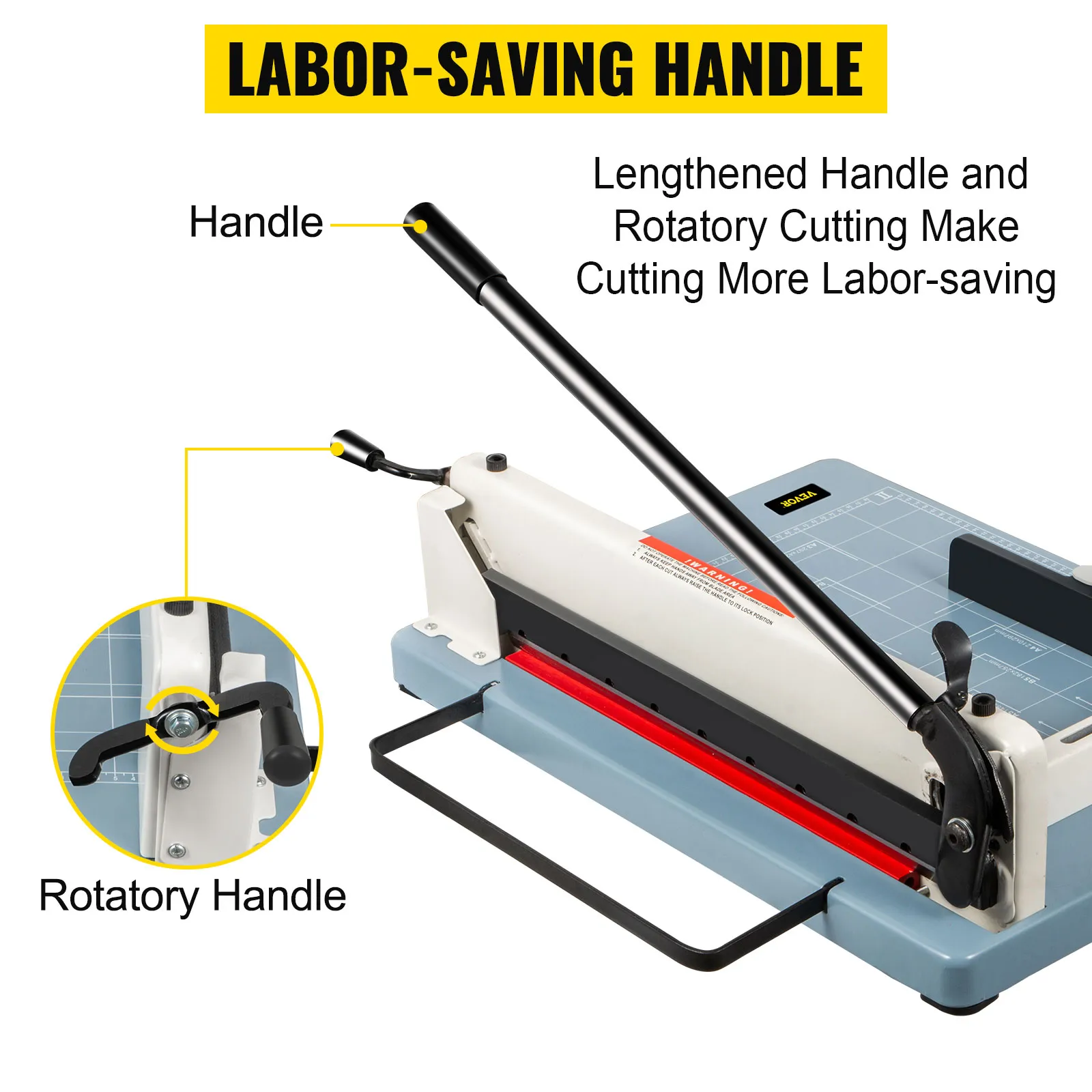 VEVOR industrial paper cutter with labor-saving lengthened and rotatory handle.