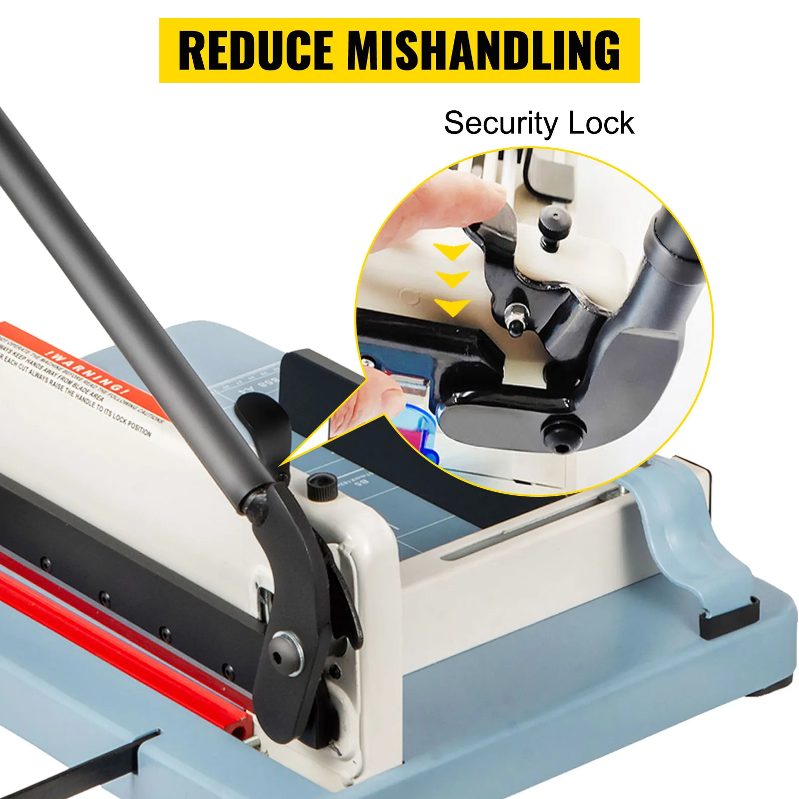 VEVOR industrial paper cutter with security lock and mishandling reduction features.
