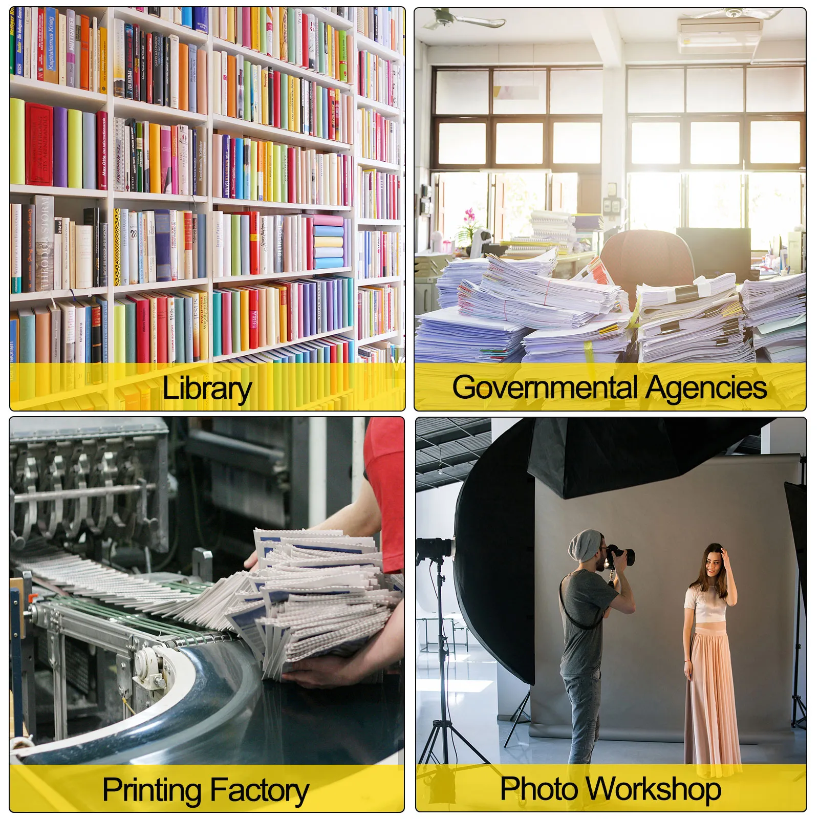 library shelves, paperwork in governmental agencies, printing factory, photo workshop.