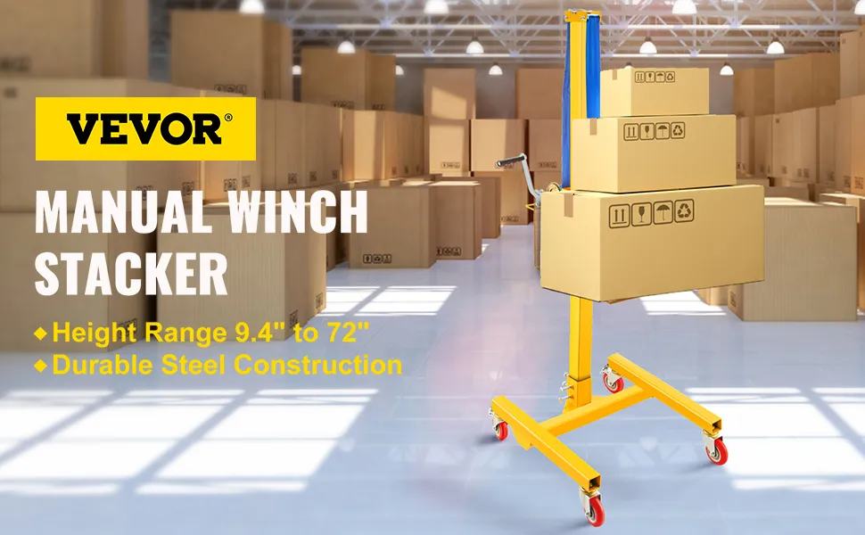 VEVOR manual winch stacker lifting boxes in a warehouse with stacked cardboard boxes.