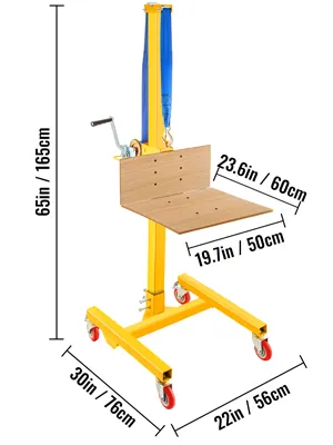 yellow VEVOR manual winch stacker with dimensions 65in x 23.6in x 22in x 30in.