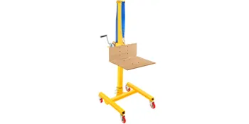 yellow VEVOR manual winch stacker with a blue handle and red caster wheels.